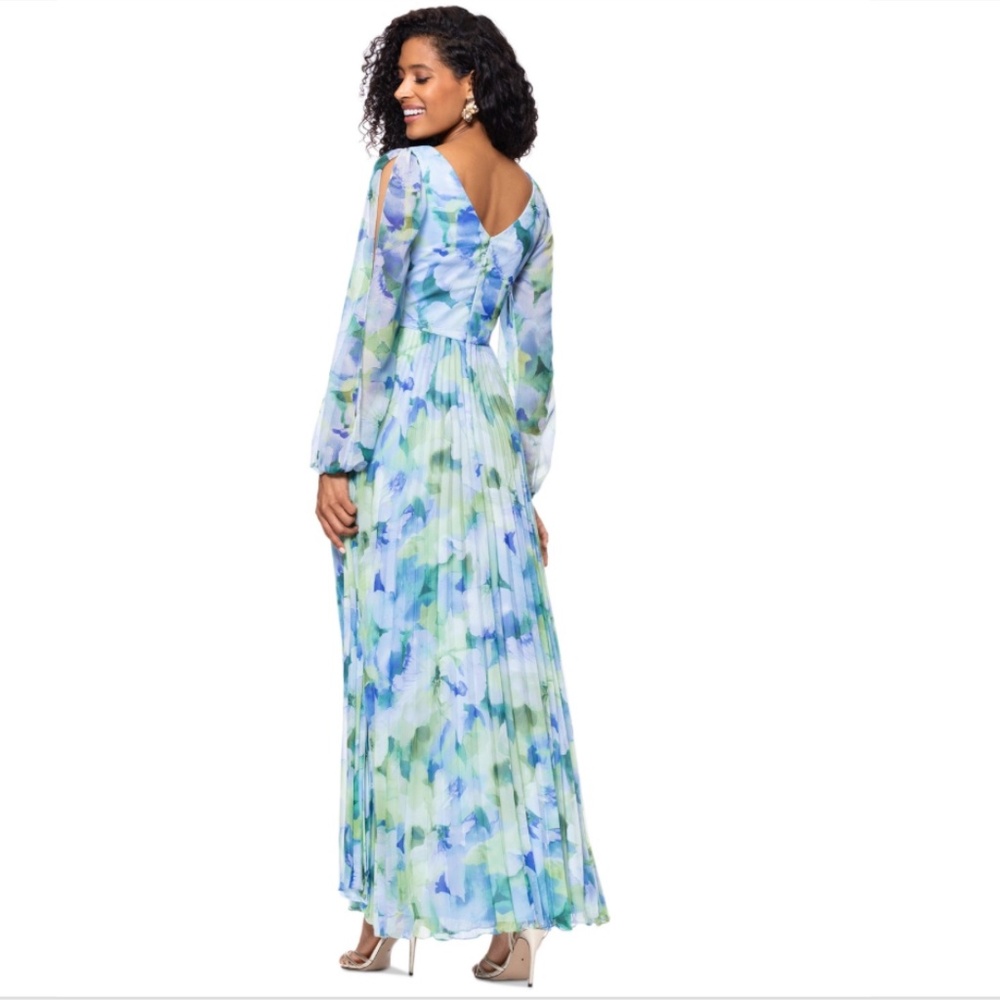 Betsy & Adam Women's Blue Floral-Print Pleated Gown Dress SZ:12 - Picture 2 of 5